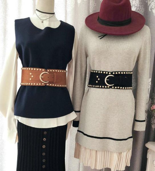 

women's runway fashion rivet pu leather cummerbunds female dress coat corsets waistband belts decoration wide belt r1742, Black;brown