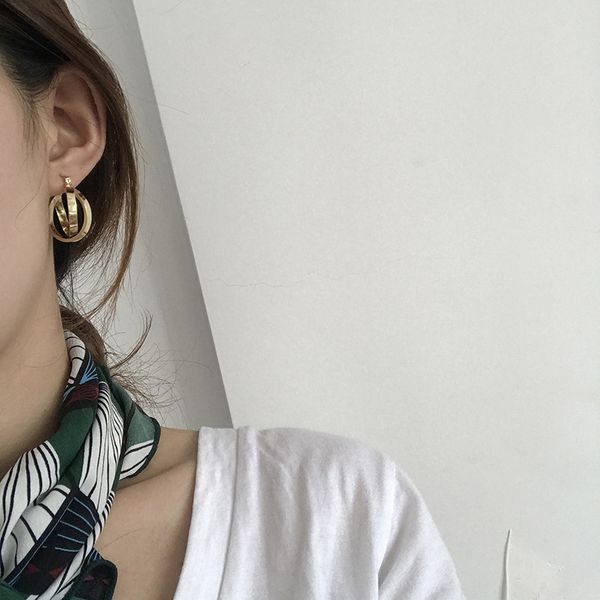 

copper plated earrings twisted round small hoop earrings simple geometric gold metal cross double circle for women jewelry gift, Golden