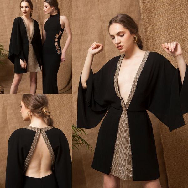 

black short prom dresses v neck long sleeve rhinestones backless evening gowns cooktail party dress mini skirts caftan abendkleider