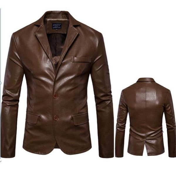

men business casual leather pocket decoration men washed leather jacket suits turn coat collar jacket, Black