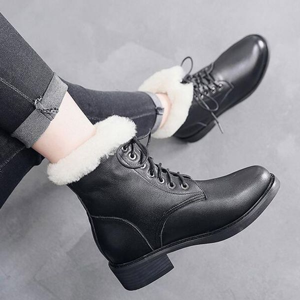 

winter female plus velvet genuine leather shoes snow platform boots women thermal cotton-padded shoes flat ankle boots, Black