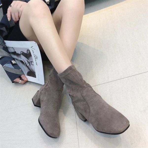 

new winter boots women black square toe mid-calf boots for women thick heel comfortable slip on ladies shoes boots