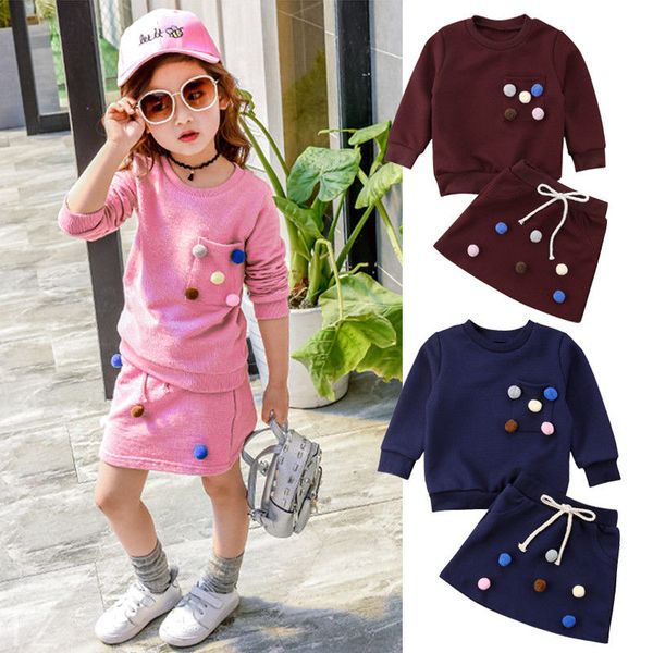 

2018 fashion sweet toddler baby girls clothes sets 2pcs long sleeve solid with balls sweatshirts +mini skirts sets 1-6y, White