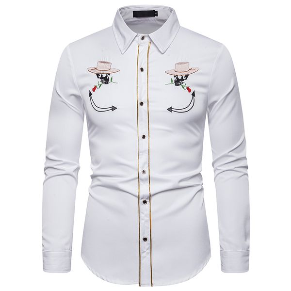 

male clothes slim fit embroidery pattern shirt tshirts men 2019 men casual long sleeved shirts new autumn fashion shirt, White;black