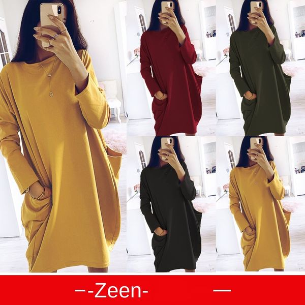 

womens designer dress long sleeve loose pocket dress 5381, Black;gray