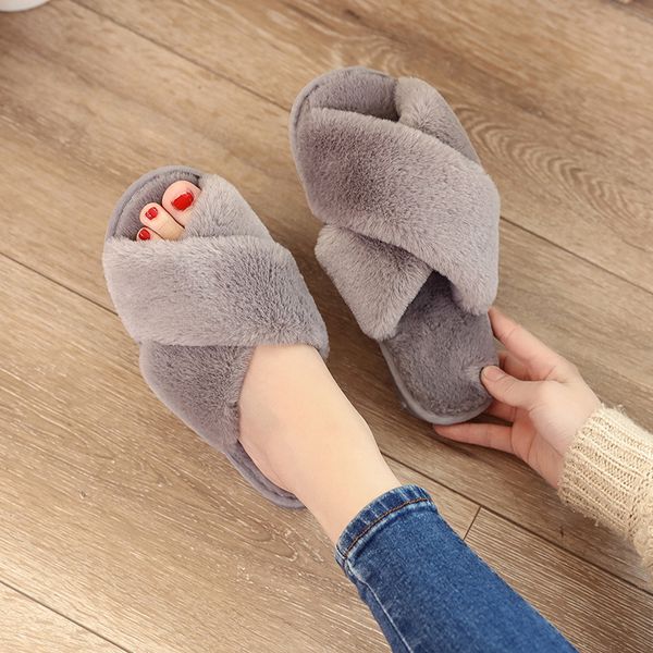 

lucyever winter home shoes woman house slippers warm faux fur ladies soft plush furry female open toe comfotable flat slides, Black