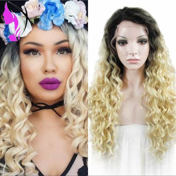 

ombre color lace front wig with baby hair brazilian kinky curly synthetic wigs for women fashion hair glueless lace wigs, Black