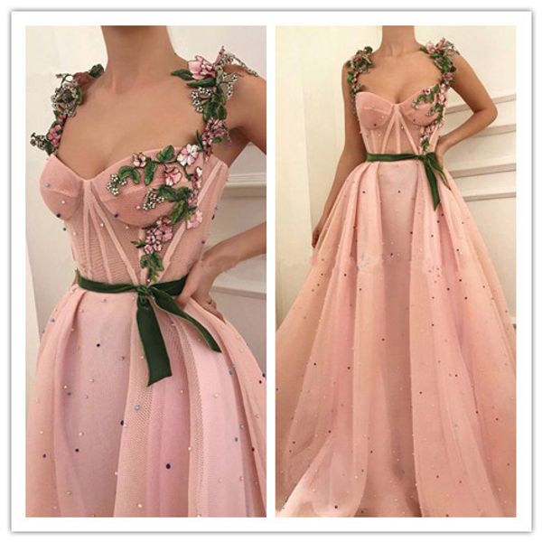 

Pink Muslim Evening Dresses 2019 A-line Sweetheart Tulle Pearls Islamic Dubai Saudi Arabic Long Formal Evening Gown Prom Dress