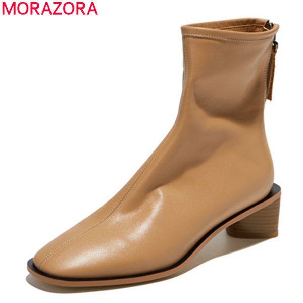 

morazora 2020 new brand genuine leather women boots med heels square toe solid color ladies shoes black white ankle boots