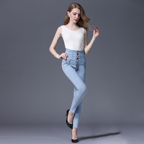 

2020 women's summer european and american new high waist plus size corset pencil denim trousers, Blue