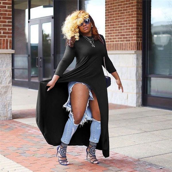 

summer female casual streetwear clothing designer dresses loose crew neck fashion autumn solid color split dress, Black;gray