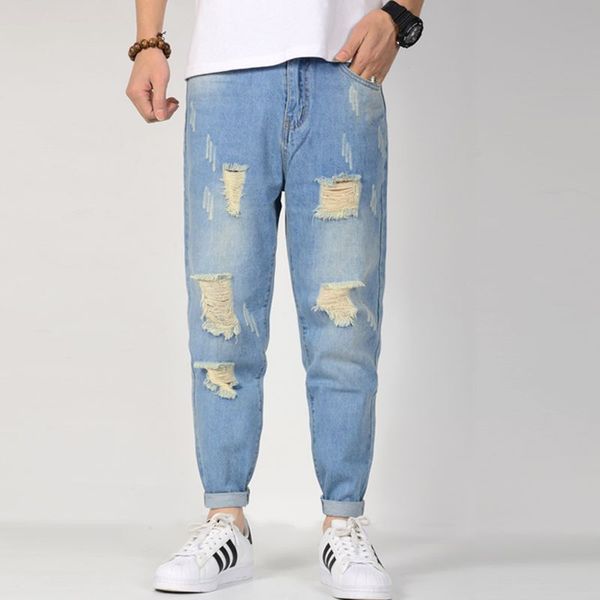 

men's jeans cotton plus size loose jean homme baggy casual long zipper pants stretch denim men blue ripped jeans big size