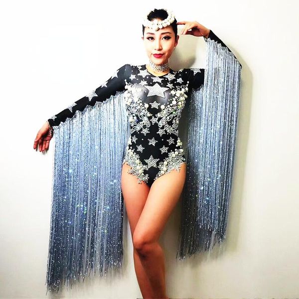 

shining rhinestone women printing long tassel jumpsuit nightclub birthday party performance stage dance costume bodysuit dj, Black;red