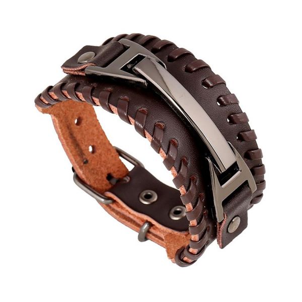 

2019 punk fashion genuine leather wide bracelets for men wrap cuff leather charm bracelets belt buckle mens wristband jewelry, White