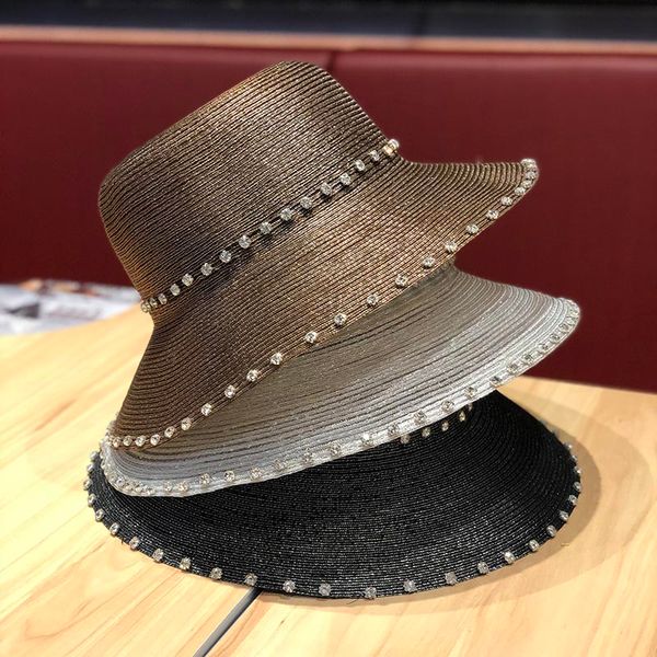

summer bright rhinestone bucket hats handmade outdoors travel beach sun visors fashion all match dome caps breathable 56-58 cm, Blue;gray