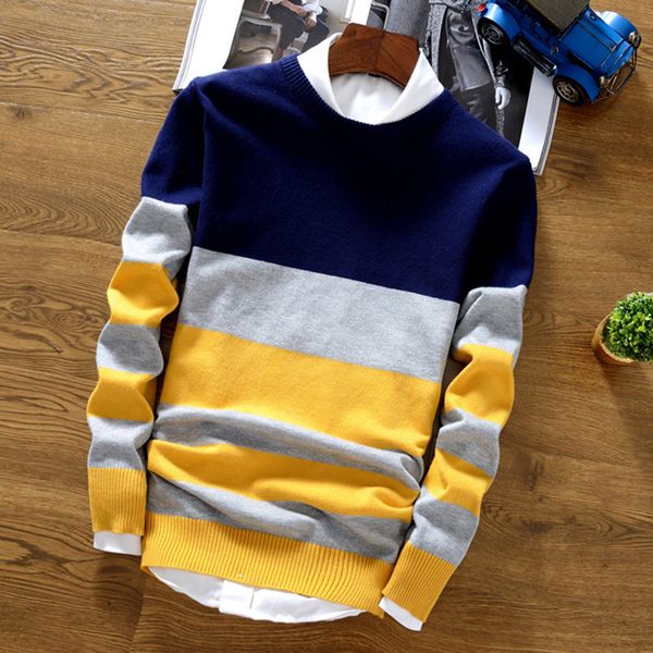 

men's casual autumn winter warm striped slim knitted sweater round neck pullover jumper, White;black