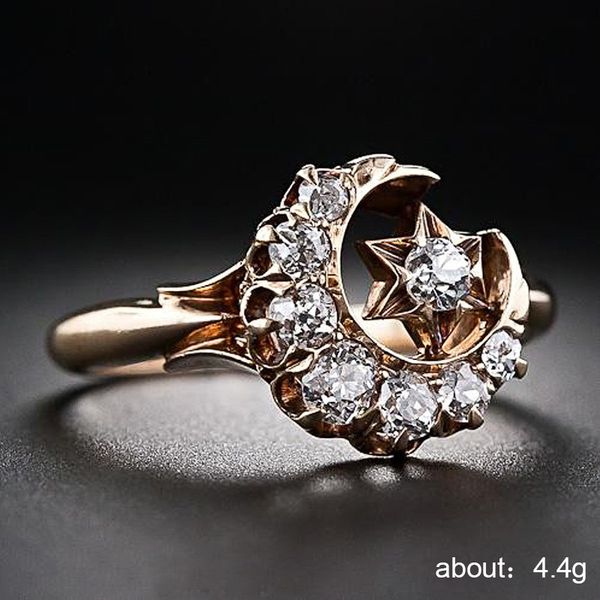 

2019 boho female open star moon rings for women rose gold color filled cute white crystal ring staking minimalist jewelry, Slivery;golden