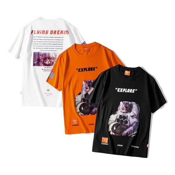 

lawfoo men's wear 2019 spring and summer new style popular brand aeronautics and space cat printed men's cool short sleeve t-shi, White;black