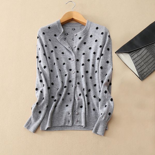 

2017 europe fashion women's knitting cardigan sweater 100% cashmere with dot decor long sleeves womens gray cardigan sweater, White;black