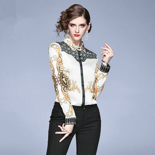 

2020 весна блузки мода роскошные дизайнеры женские блузки рубашки с длинным рукавом цветочный принт женские топы и элегантные офисные рубашк, White