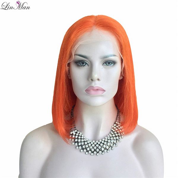 

lin man lace front wig with baby hair orange color bob human hair curly glueless pre plucked line for black women, Black;brown