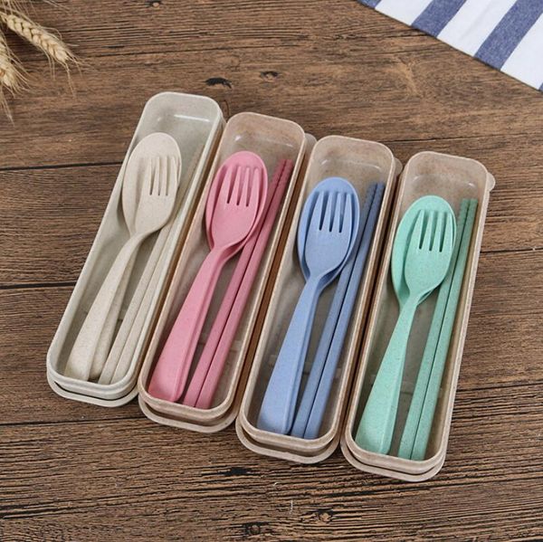 

exquisite health environmental wheat platycodon straw cutlery set portable camping tablewarel spoon fork chopsticks custom 2020
