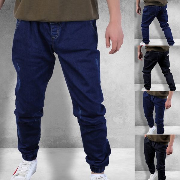 

oeak 2019 new mens leisure solid color jeans fashion slim fit casual loose comfortable lace up pencil pants hip-hop casual pants, Blue
