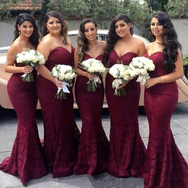 

Elegant Burgundy Sweetheart Lace Mermaid Bridesmaid Dresses 2019 Maid of Honor Wedding Guest Dress Prom Party Gowns Cheap