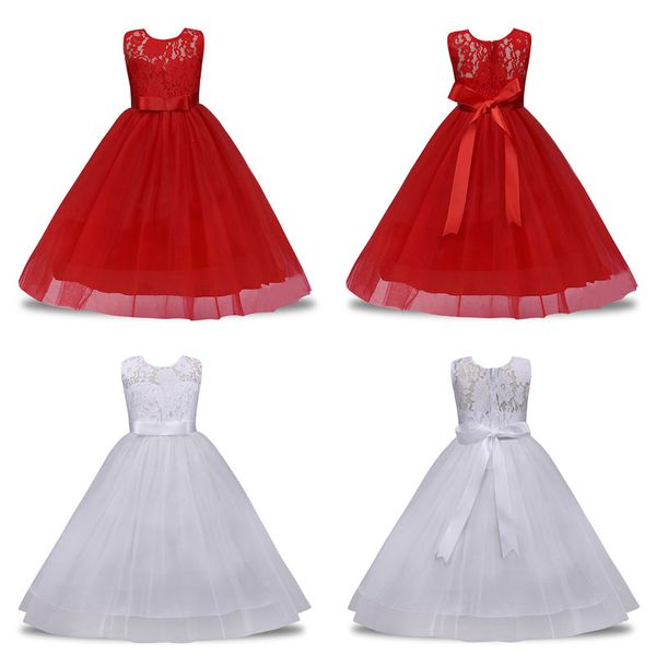 

childrens dress polyester embroidery dress solid color bow sleeveless lace princess western long skirt satin round neck 50, Red;yellow