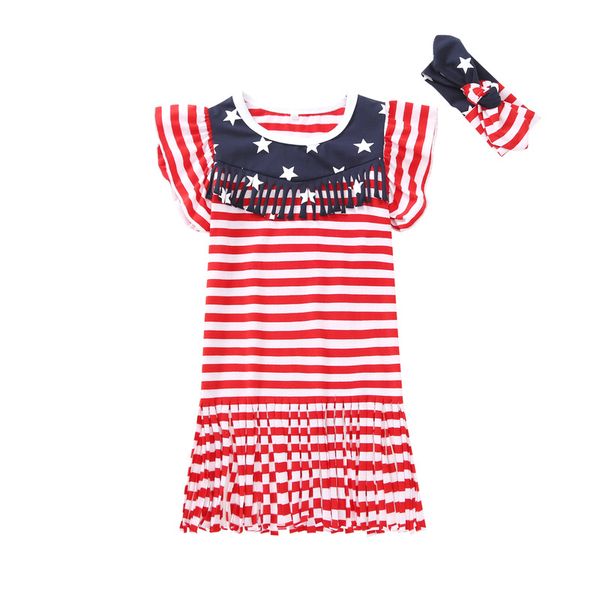 

детское платье с кисточкой детское платье в полоску с коротким рукавом и американским флагом день независимости сша 4 июля оголовье с раскле, Red;yellow