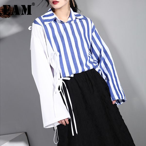 

eam] women blue striped split big size blouse new lapel long sleeve loose fit shirt fashion tide spring autumn 2020 ji75905, White