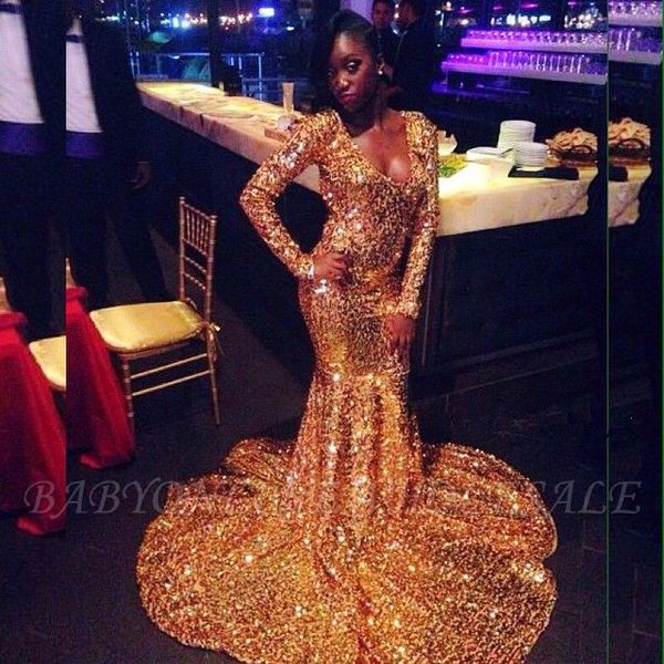 

african sequin long sleeves prom dresses 2019 deep v neck mermaid gold vintage plus size formal wear evening gowns