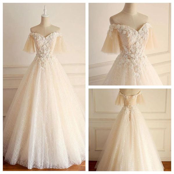 Discount Rustic Half Sleeve Light Champagne Floral Wedding Dress