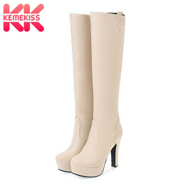 

kemekiss plus size 31-45 knee high boots women ins fashion thick heels casual platform shoes women pu leather long botas mujer, Black