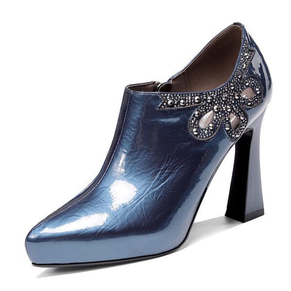

rhinestone fashion women pumps spring summer prom high heeled shoes woman genuine leather pointed toe female pumps, Black