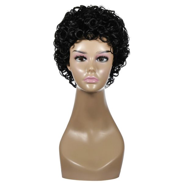 

2020 european and american wig women's short hair small curly hair high temperature silk headgear wig, Black
