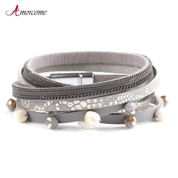 

amorcome fashion leather bracelet for women female natural rhinestone charm multilayer wrap bracelets & bangles ladies jewelry, Golden;silver