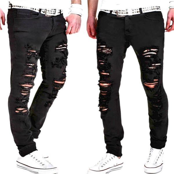 

jeans solid color casual street style slim cat whisker pencil pants mens fashion jeans hole mens designer, Blue