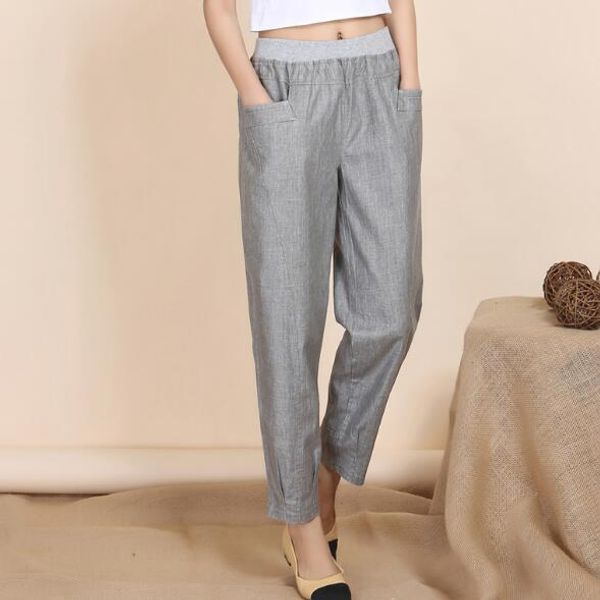 

2019 summer women linen harem pants middle-aged lady elastic waist pants plus size 4xl pocket thin female trousers dv76, Black;white