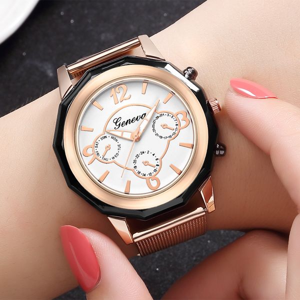 

selling geneva luxury women watch stainless steel analog quartz bracelet wrist watches temperament large dial clock gift #w, Slivery;brown