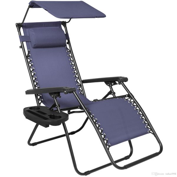 

folding zero gravity recliner lounge chair w canopy shade & cup holder navy blue