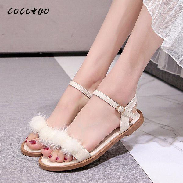 

fairy wind sandals female 2020 new summer fashion one-line buckle hair ball women's shoes roman shoes wild small fresh, Black