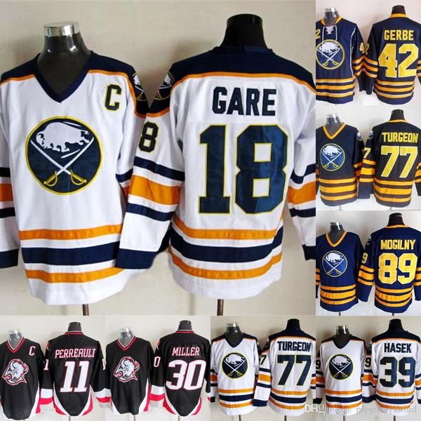 

Buffalo Sabres 77 Pierre Turgeo 11 Gilbert Perreault 7 Rick Martin 30 Ryan Miller 9 Derek Roy 16 Pat LaFontaine 18 Danny Gare Hockey Jerseys