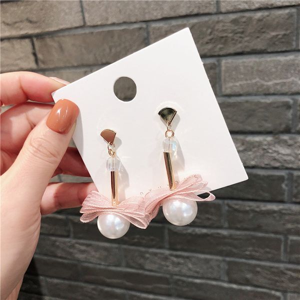 

korea style jewelry accessories chiffon flower imitated pearl bow cute drop earrings for fashion girl women wholesale, Silver