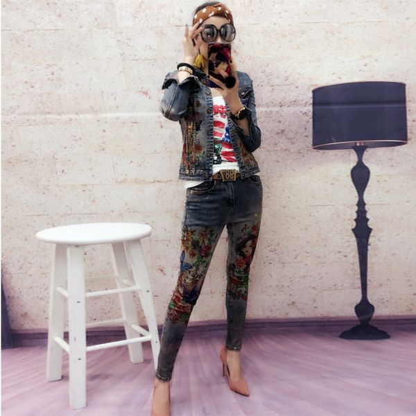 

2019 spring autumn new printed jeans denim two piece set women's slim denim coat+jeans pants suit sets ladies elastic jeans sets, White