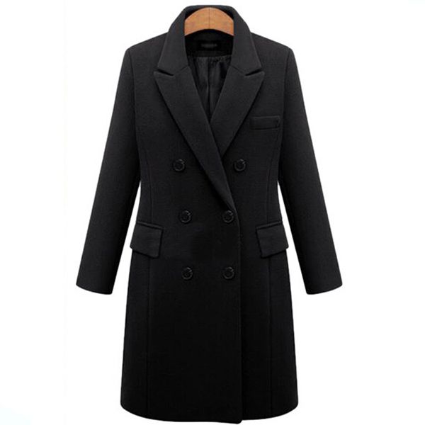 

plus size wool blend coat women long sleeve turn-down collar autumn winter woman jackets and coats red pockets long coat outwear, Black