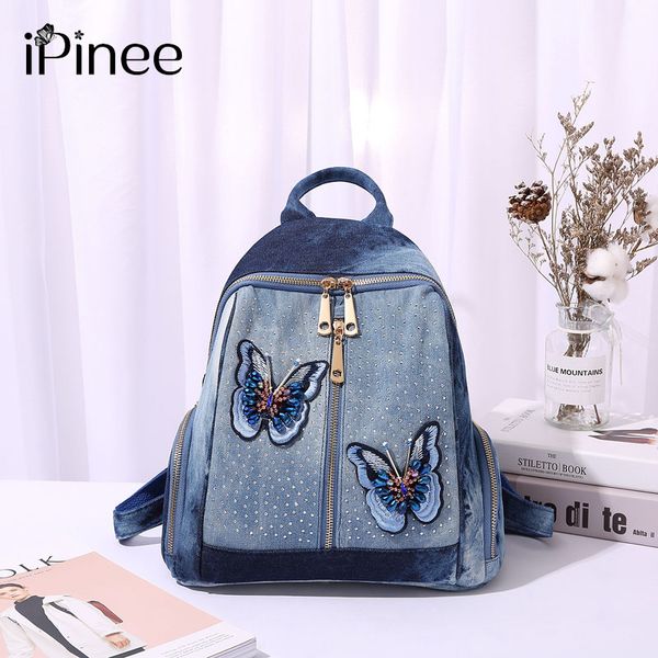 

ipinee women casual backpacks denim shoulder bag butterfly embroidery medium femme school sac a dos mochila plecak szkolny
