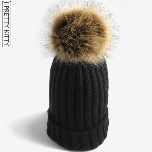 

pretty kitty 2017 man-made pom poms fur warm winter hat for women girl 's knitted beanies cap, Blue;gray
