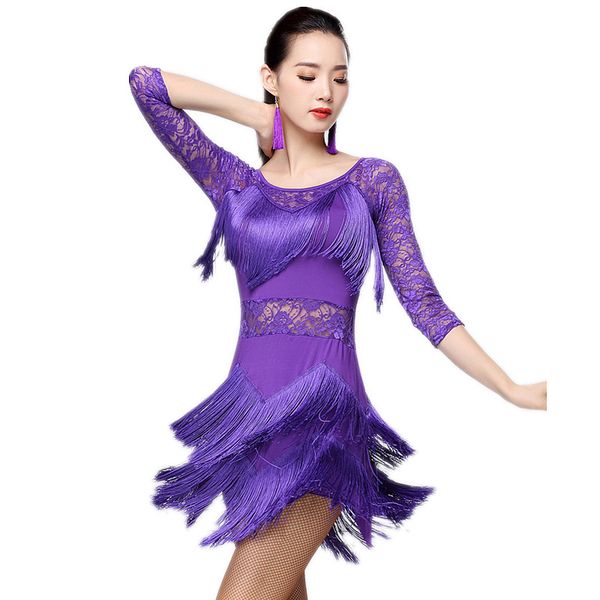 

новая мода 2019 плюс размер женщины танцевальная одежда сальса самба платья половина рукава цветочные кружева девушки латинский танец платье, Black;red