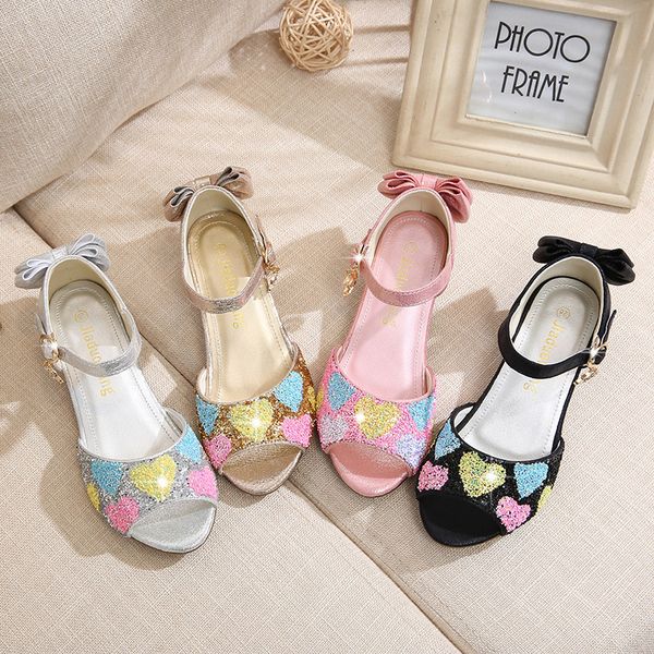 

girls sandals colorful heart heels princess shoes 2020 children sandals fish mouth baby shoes girl crystal sequins, Black;red